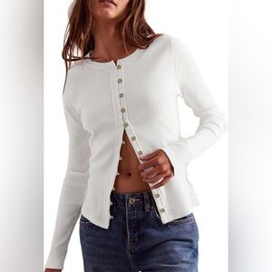 We The Free Free People White Ribbed Button Front Long Sleeve Top L